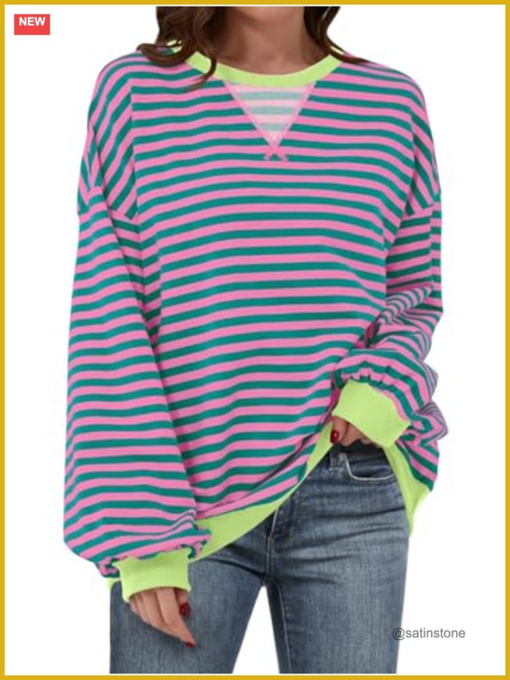 Oversized Striped Crew Neck Long Sleeve Pullover Top